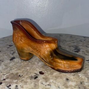 Vintage Westmoreland Slag Glass Carmel Brown Swirl Decorative Art Floral Slipper